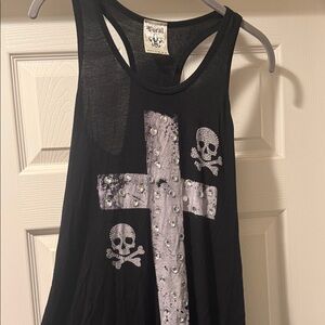 Vocal Rhinestone Skull & Cross Tank Top Black Size Small Gothic Grunge Y2K